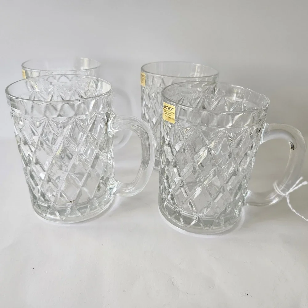 Vtg Paul Sebastian Arcoroc Crystal Glasses 12oz SET OF 4 Tempered Cut Coffee Tea
